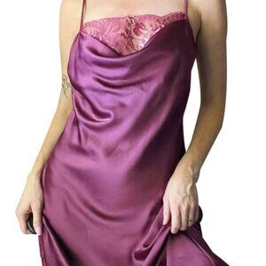 Victoria's Secret Purple Satin Lace Trim Side Slit Cowl Neck Midi Slip Dress